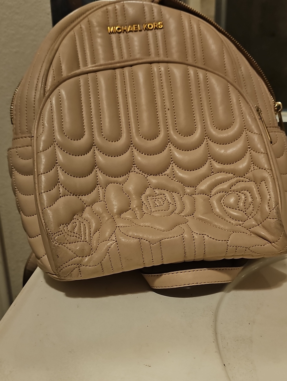 Michael Kors Taupe Quilted Floral Leather Backpack